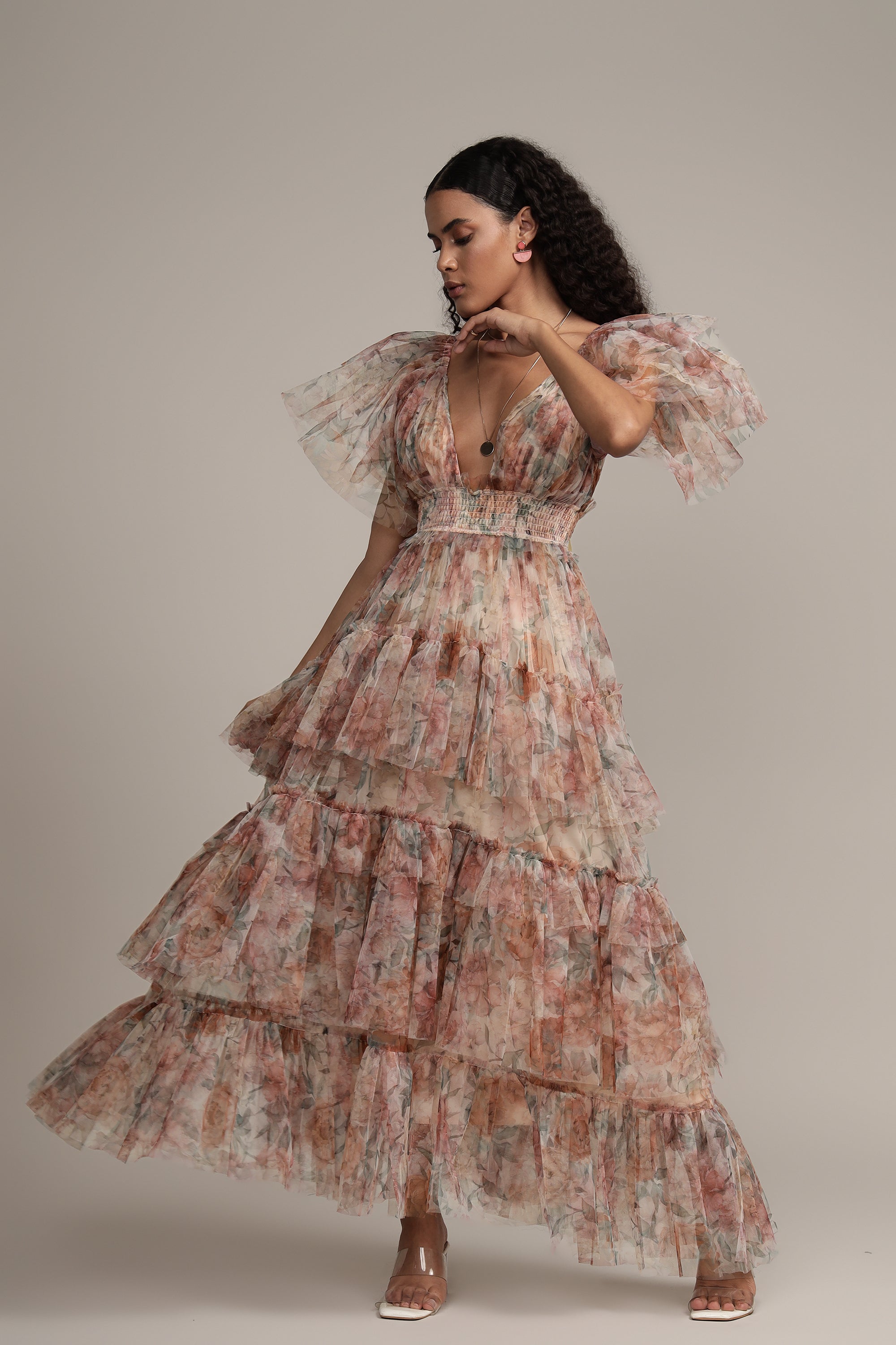 Jasmine Stiff Tulle Maxi Dress in Brown Floral Print