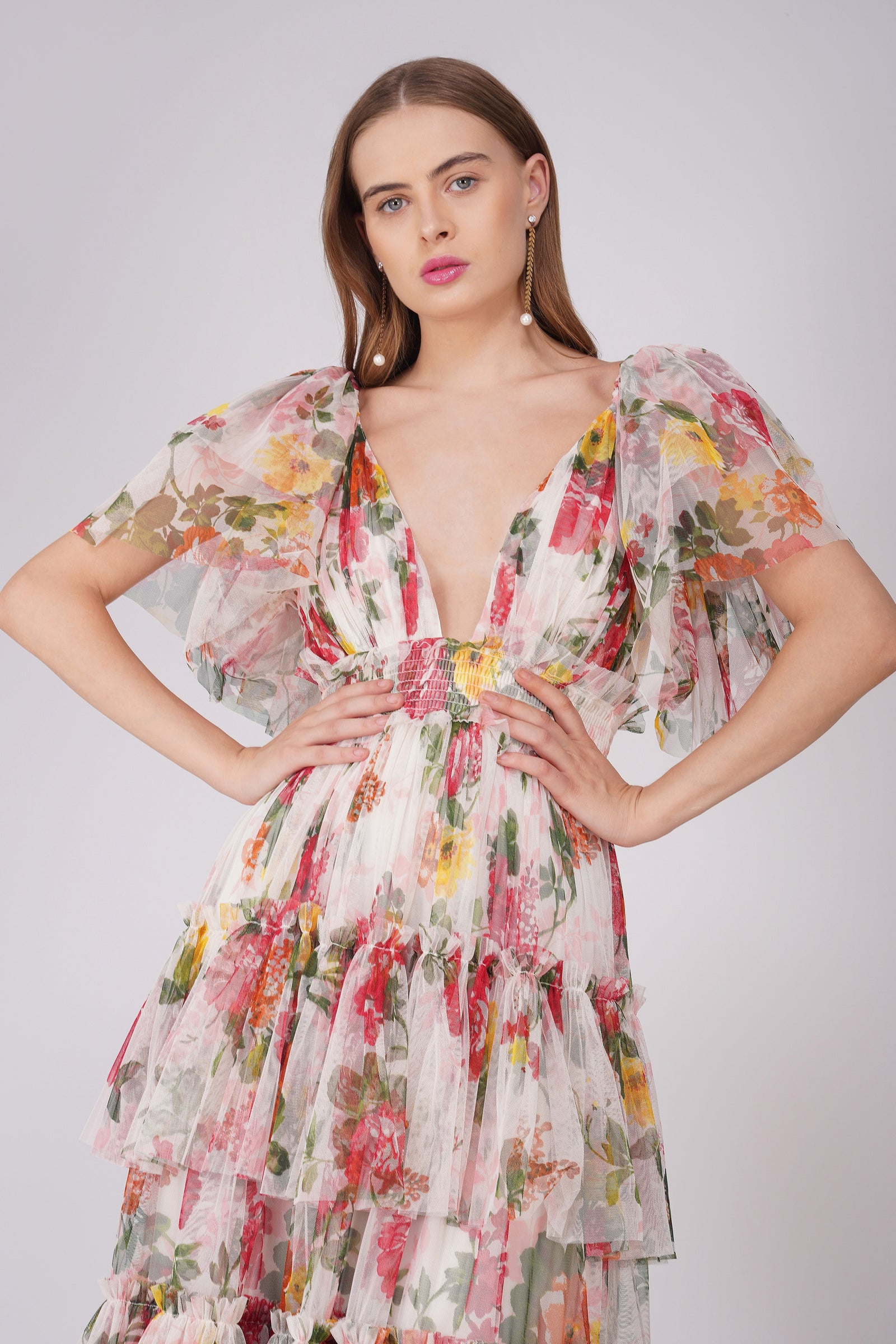 Jasmine Soft Tulle Maxi Dress in Floral Print – Lace & Beads