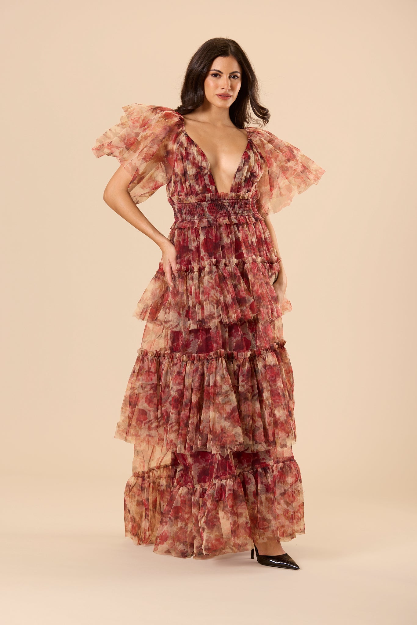 Jasmine Stiff Tulle Maxi Dress in Rose Floral Print