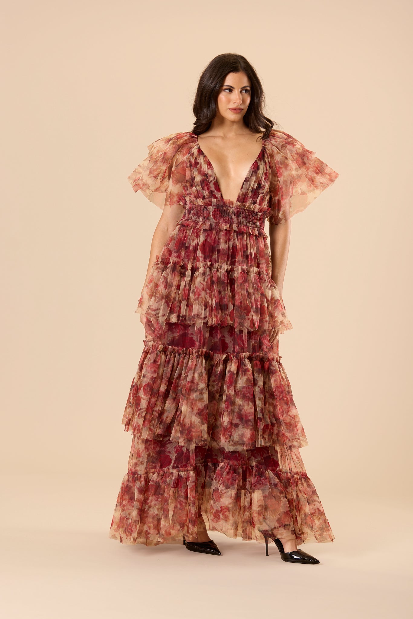 Jasmine Stiff Tulle Maxi Dress in Rose Floral Print