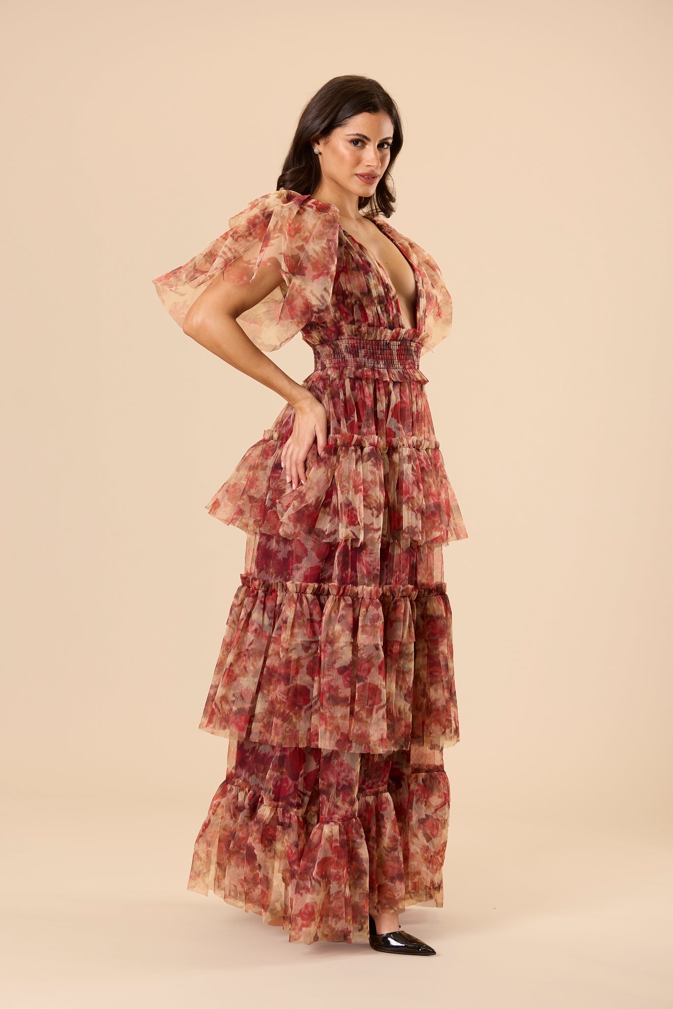Butterfly sleeve short sleeve fairytale shirred waist rose brown floral maxi dress formal tulle mesh