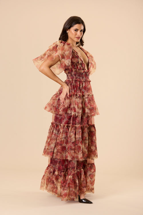 Butterfly sleeve short sleeve fairytale shirred waist rose brown floral maxi dress formal tulle mesh