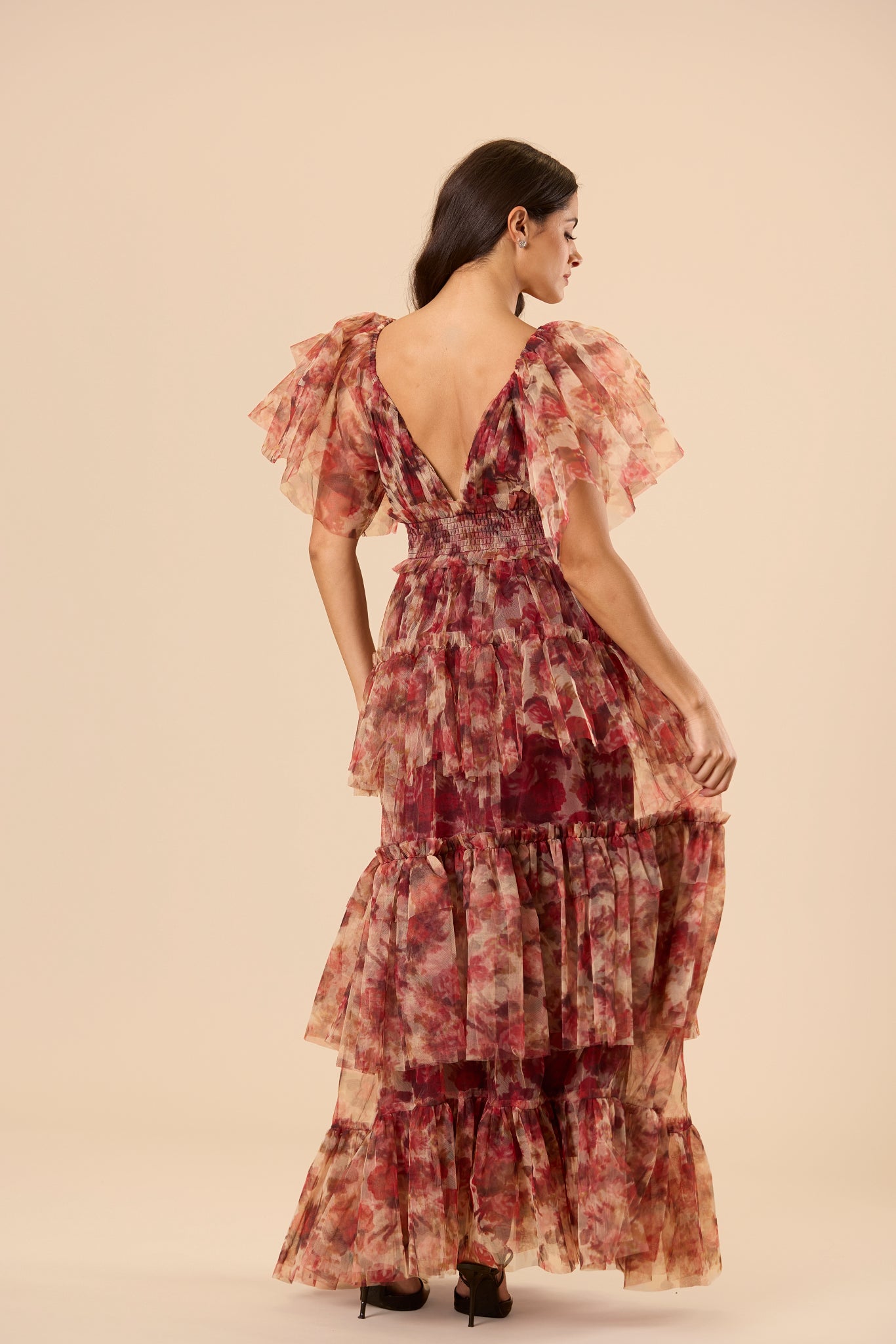 Jasmine Stiff Tulle Maxi Dress in Rose Floral Print