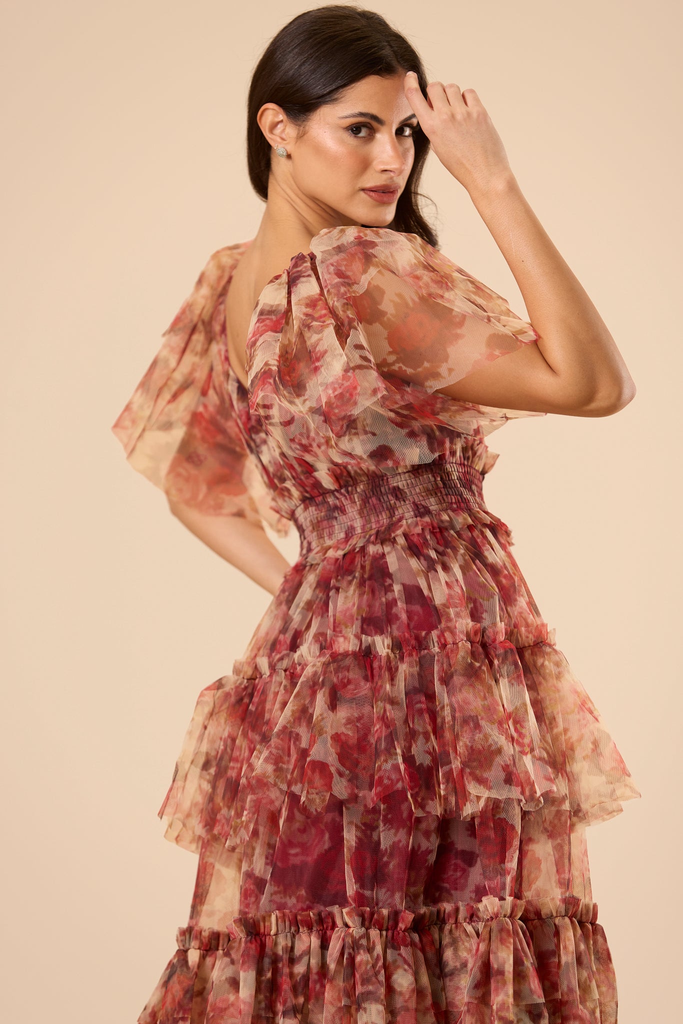Jasmine Stiff Tulle Maxi Dress in Rose Floral Print