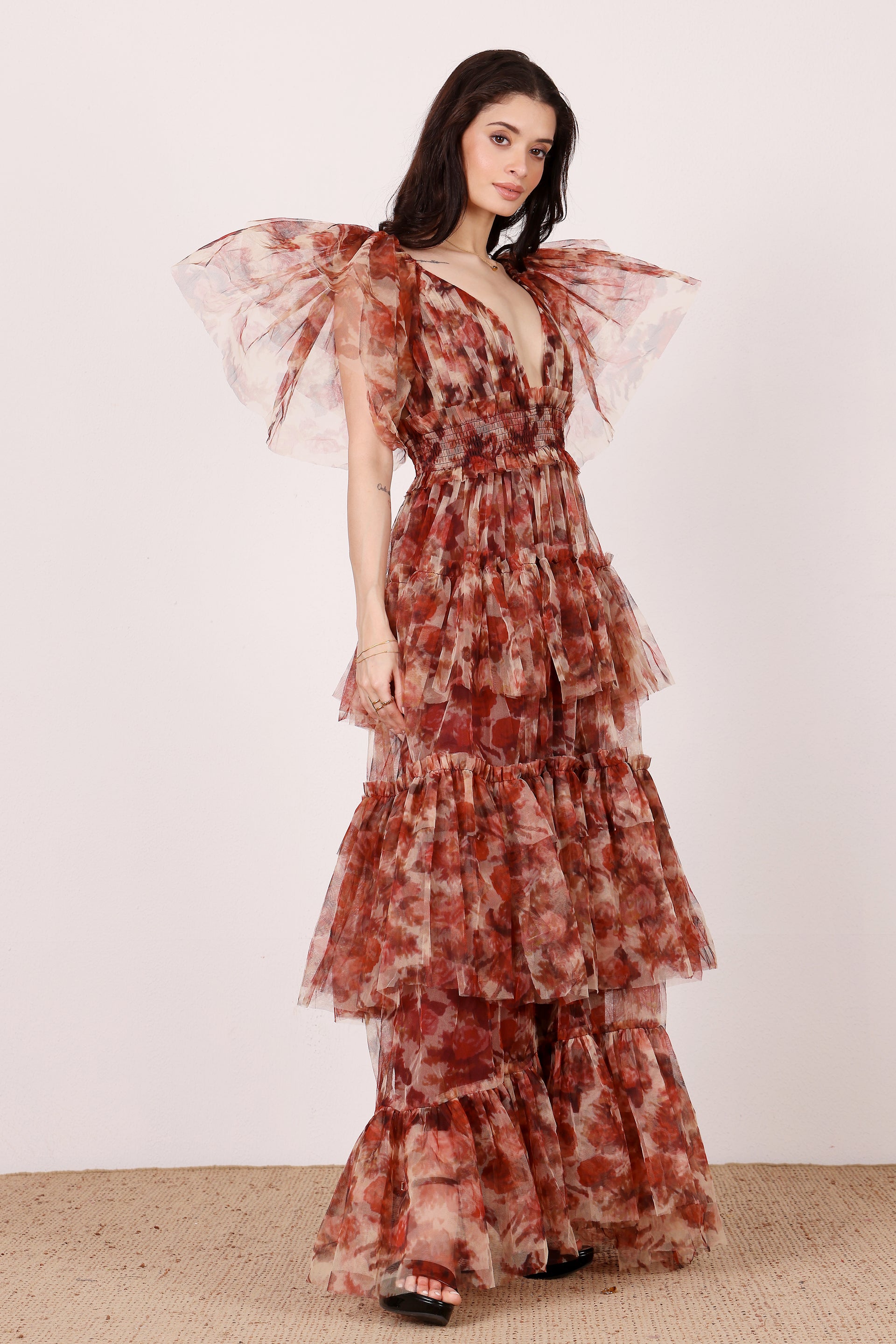 Jasmine Stiff Tulle Maxi Dress in Rose Floral Print