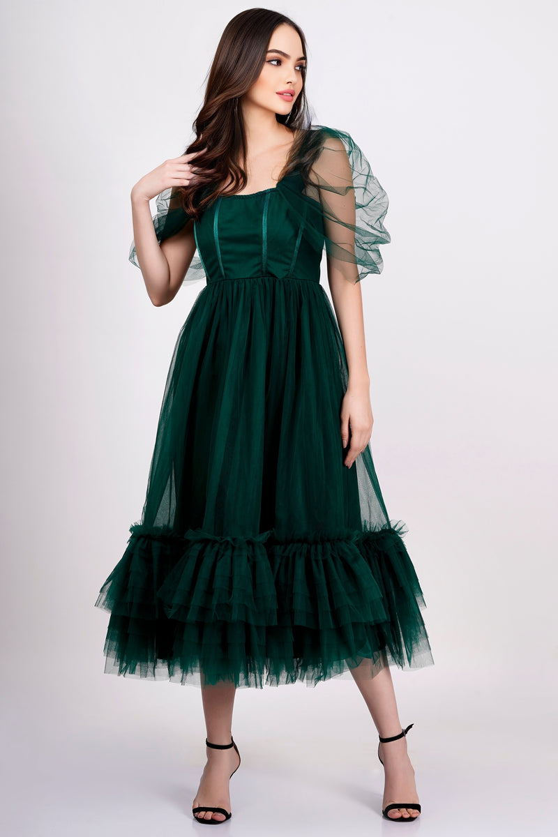 Jayne Emerald Green Tulle Midi Dress Lace Beads