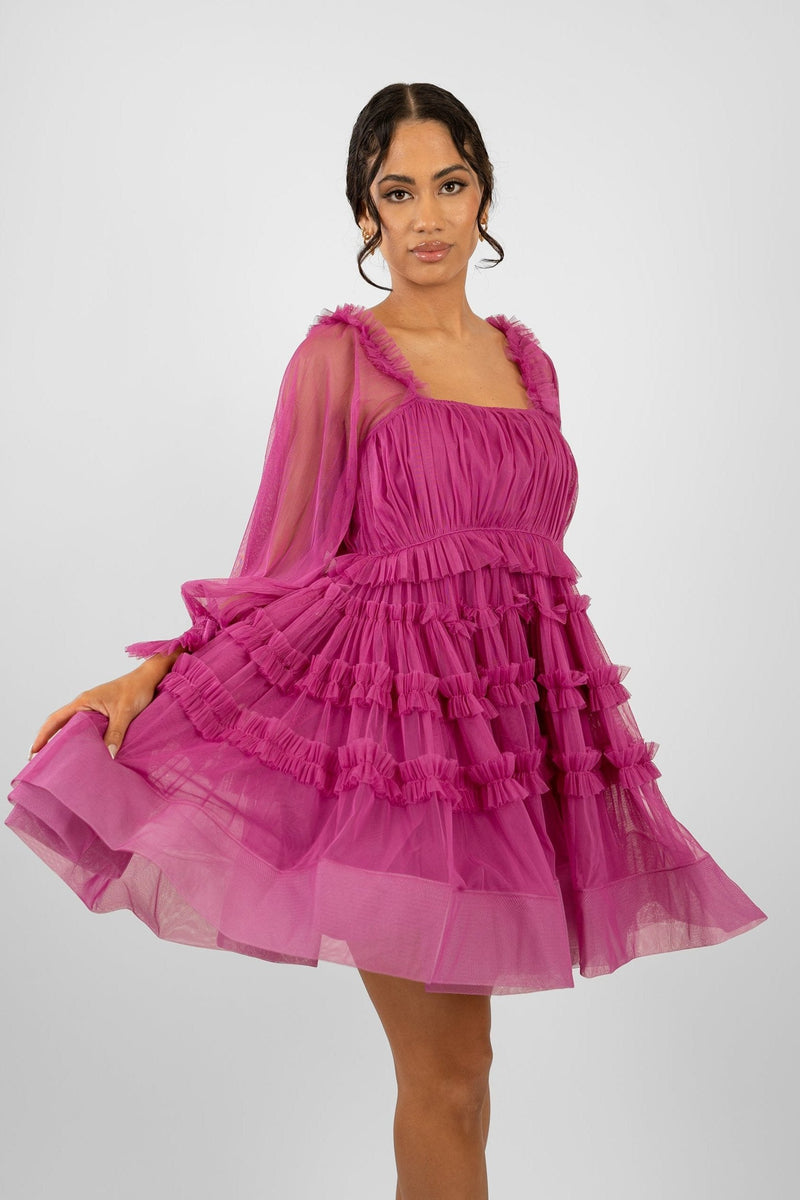 Jessica Tulle Smock Mini Dress in Vivid Purple