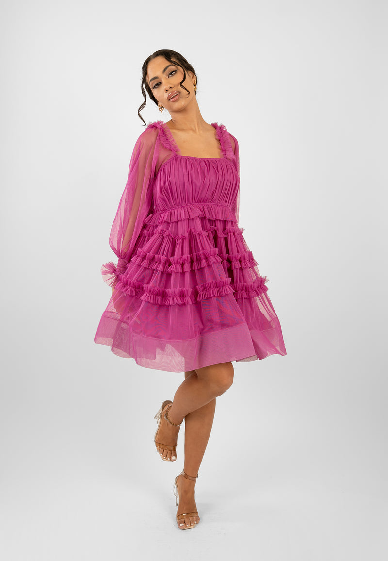 Jessica Tulle Smock Mini Dress in Vivid Purple