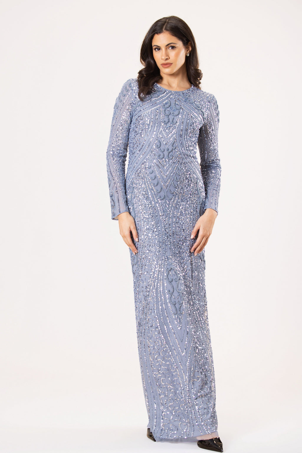 Jocasta Embellished Maxi Dress in Light Blue – Lace & Beads