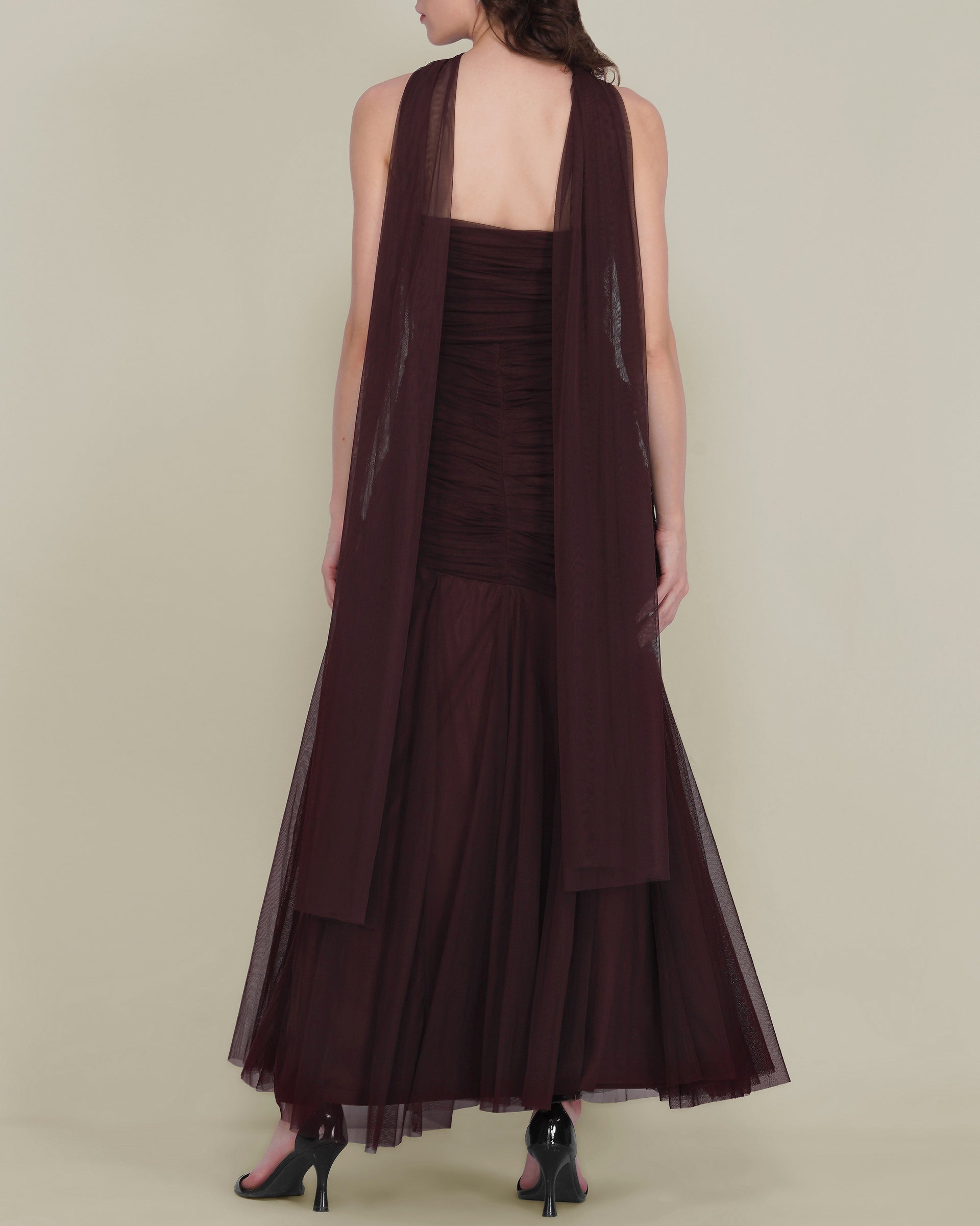 Kadie Strapless Tulle Maxi Dress in Chocolate Plum With Scarf