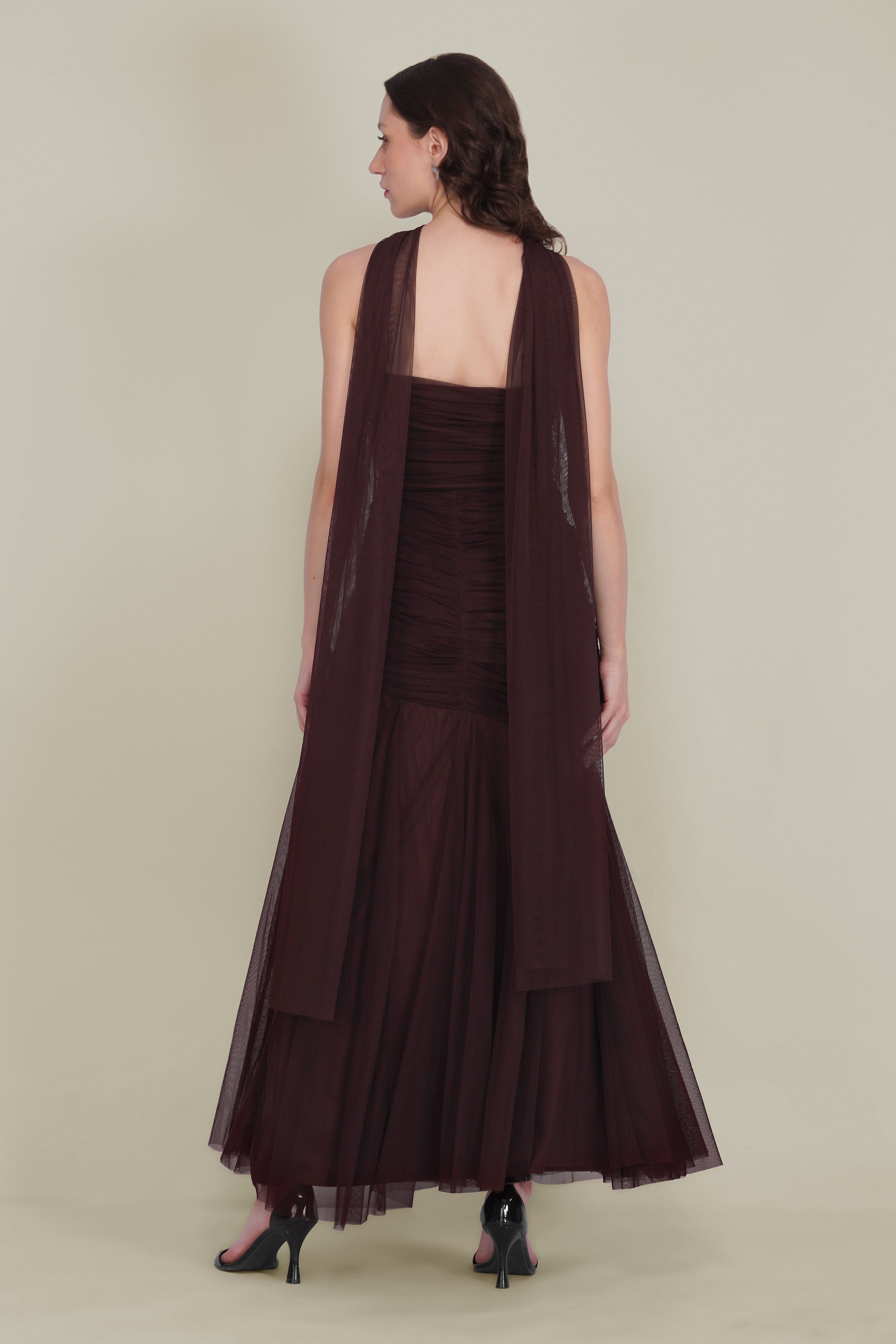 Kadie Strapless Tulle Maxi Dress in Chocolate Plum With Scarf