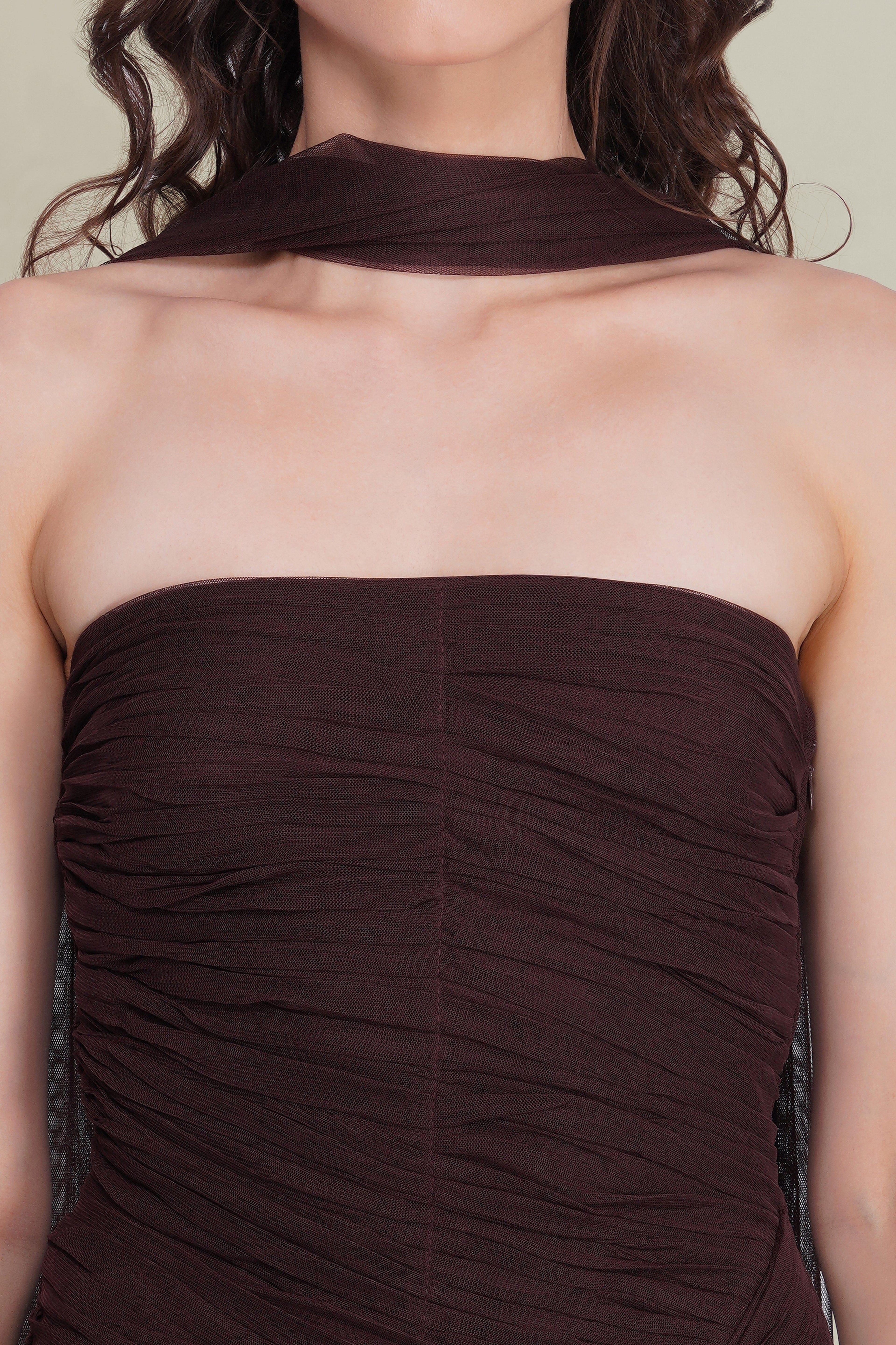 Kadie Strapless Tulle Maxi Dress in Chocolate Plum With Scarf