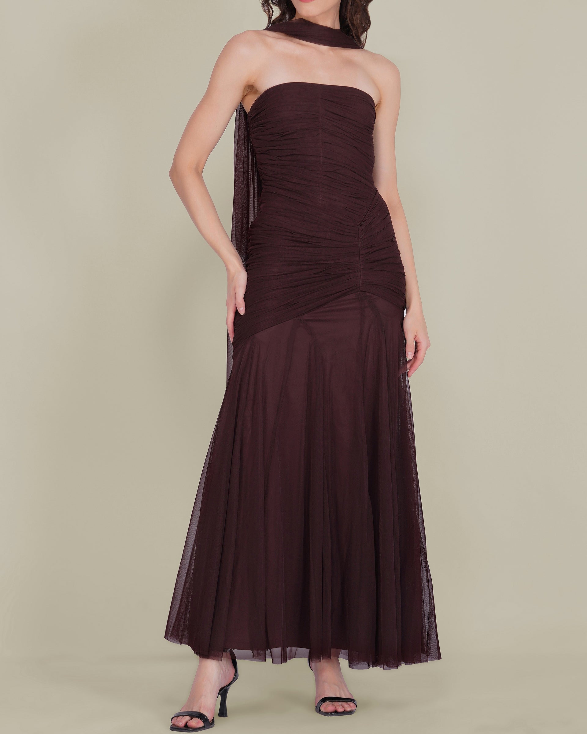 Kadie Strapless Tulle Maxi Dress in Chocolate Plum With Scarf