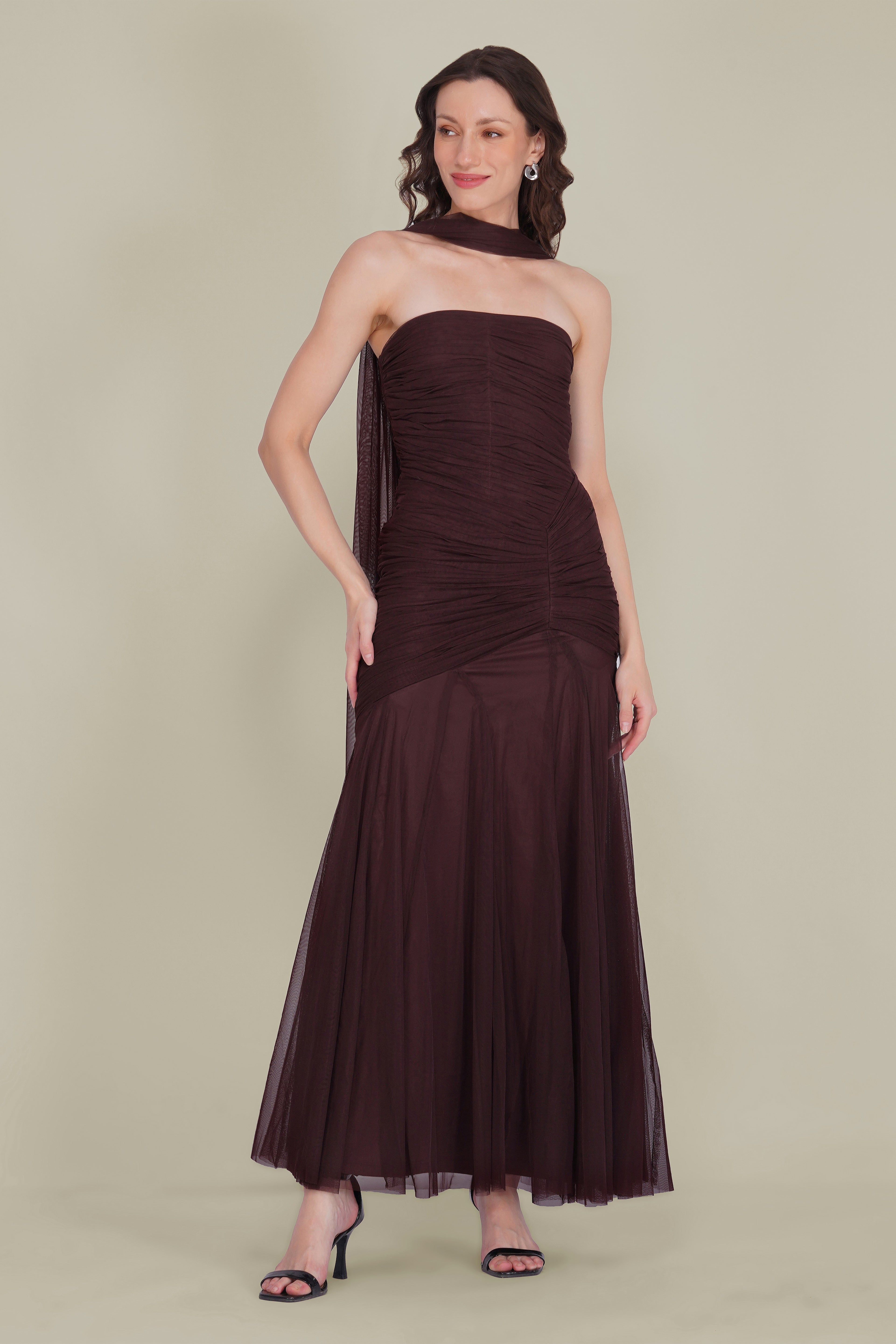 Kadie Strapless Tulle Maxi Dress in Chocolate Plum With Scarf