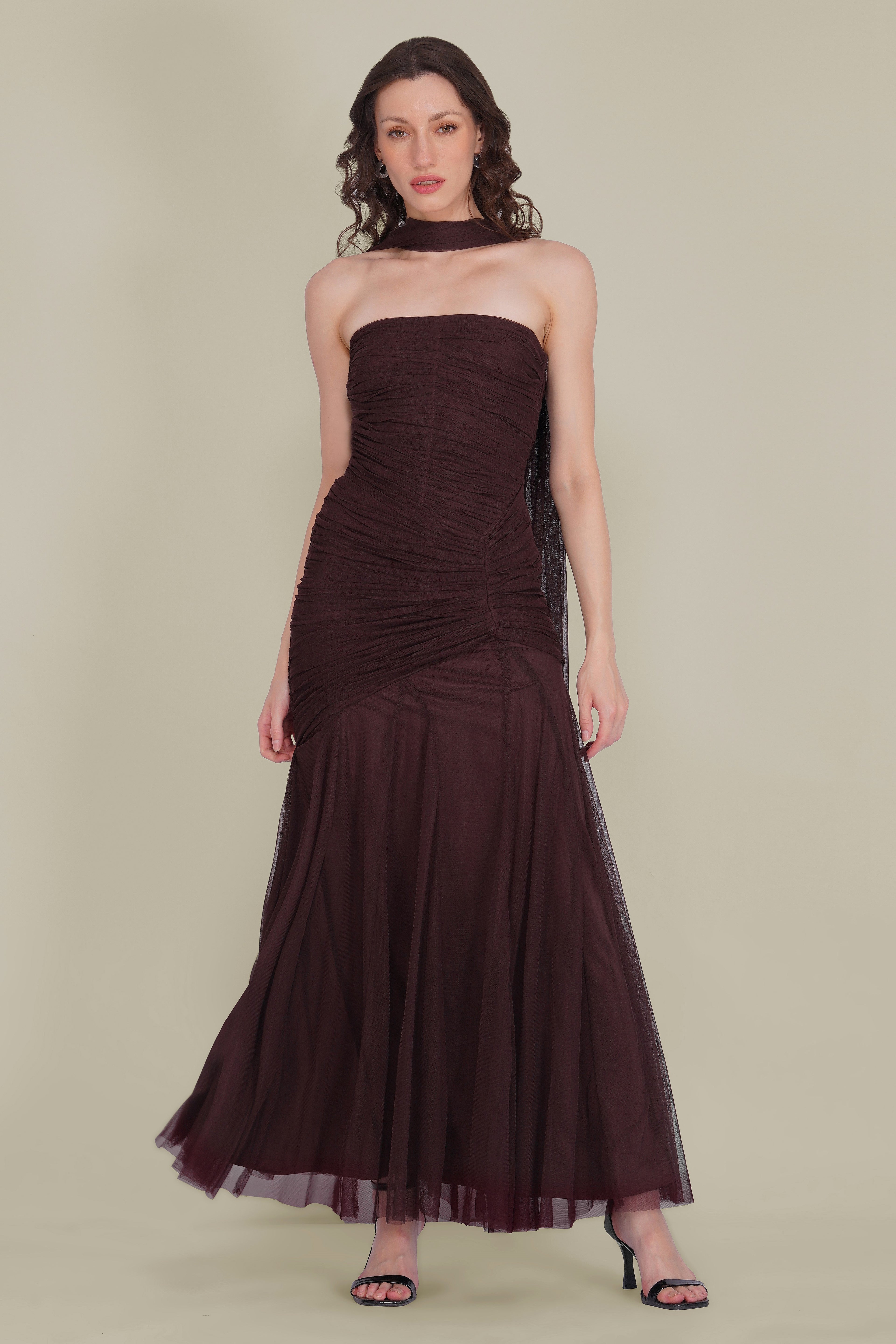 Kadie Strapless Tulle Maxi Dress in Chocolate Plum With Scarf