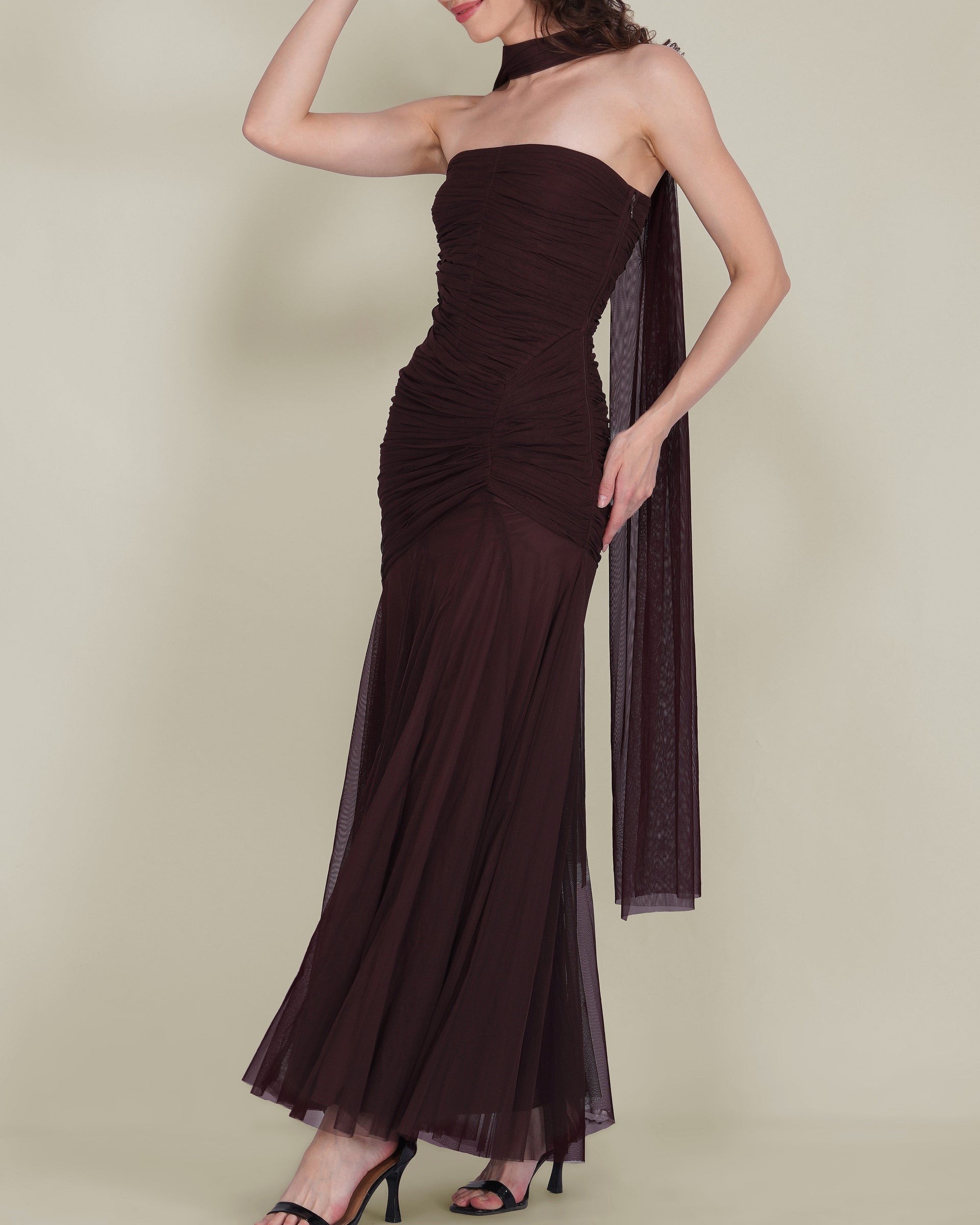 Kadie Strapless Tulle Maxi Dress in Chocolate Plum With Scarf