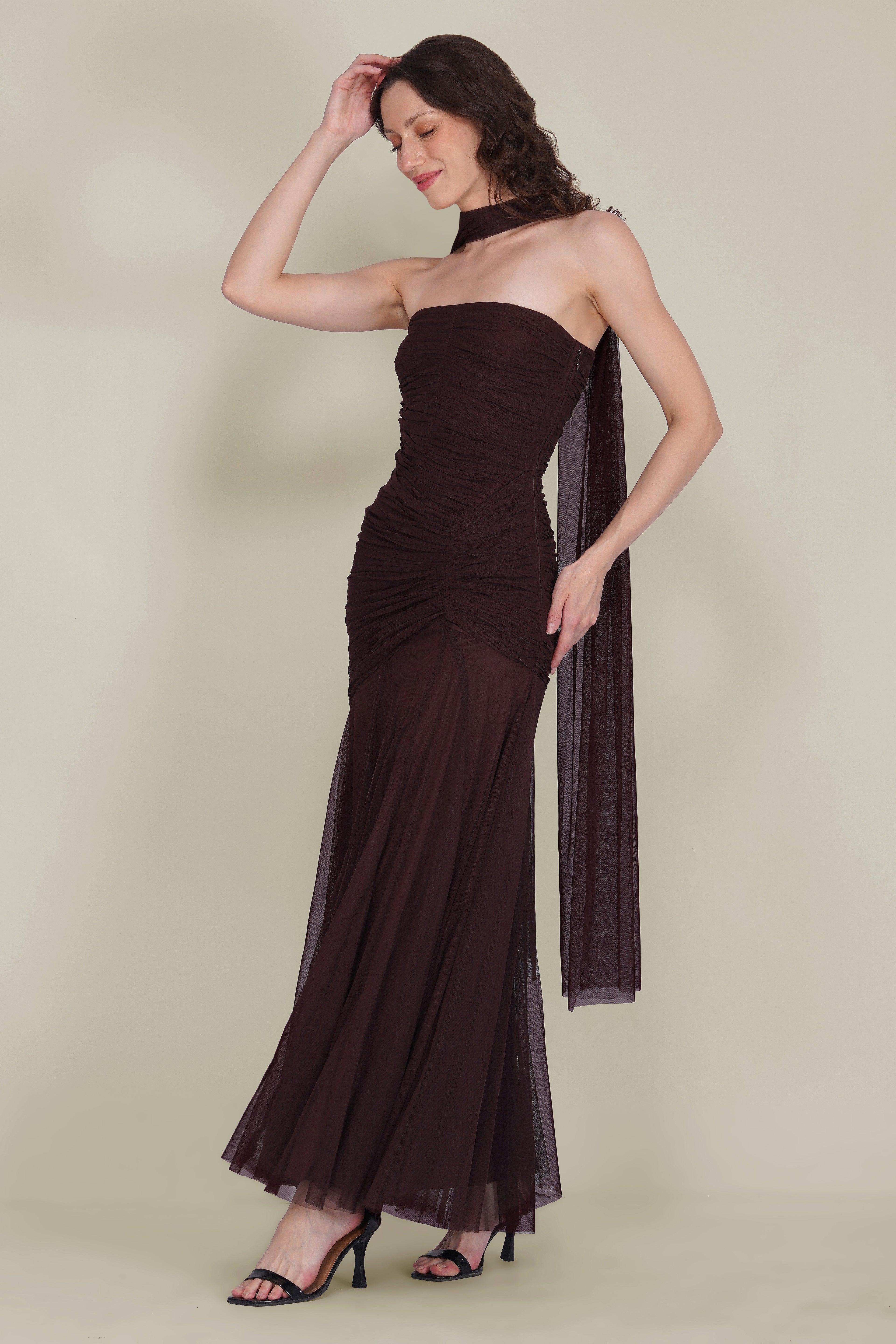 Kadie Strapless Tulle Maxi Dress in Chocolate Plum With Scarf