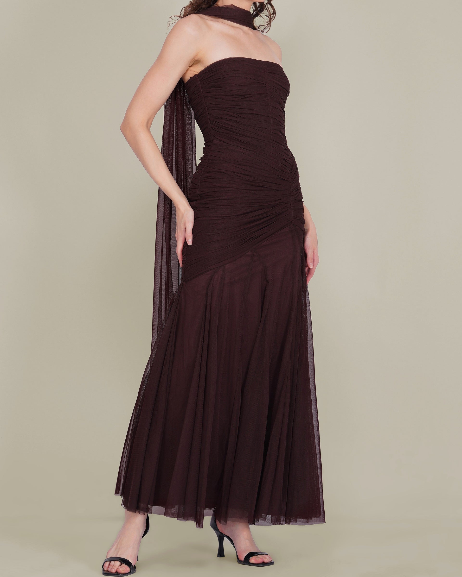 Kadie Strapless Tulle Maxi Dress in Chocolate Plum With Scarf