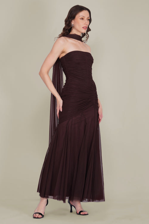 Kadie Strapless Tulle Maxi Dress in Chocolate Plum With Scarf