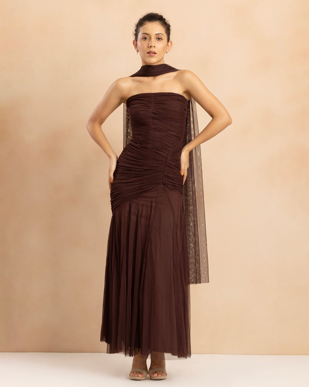 Kadie Strapless Tulle Maxi Dress in Chocolate Plum With Scarf