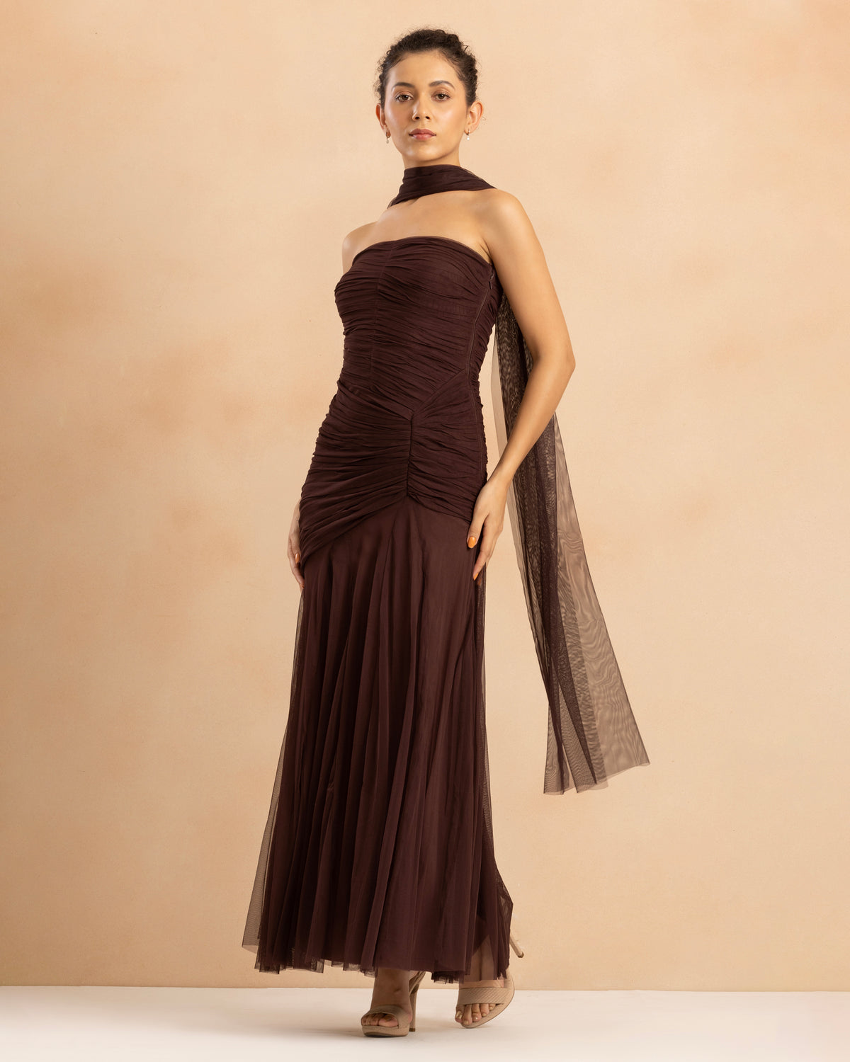 Kadie Strapless Tulle Maxi Dress in Chocolate Plum With Scarf