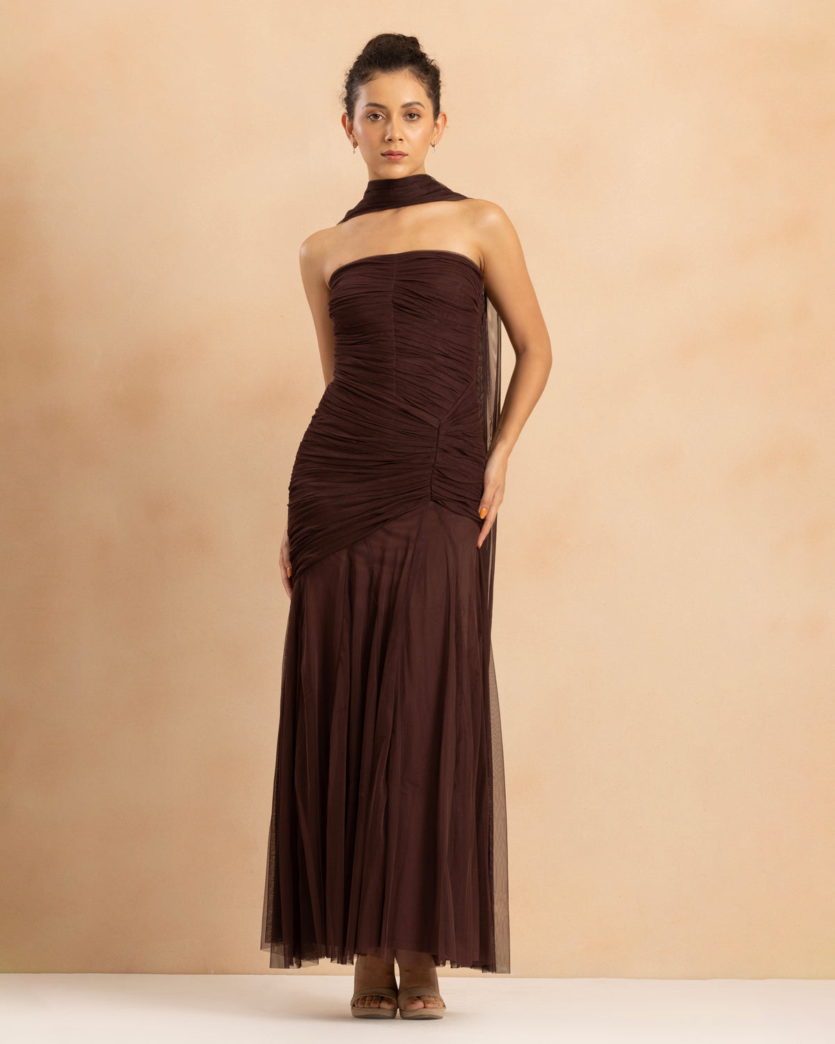 Kadie Strapless Tulle Maxi Dress in Chocolate Plum With Scarf