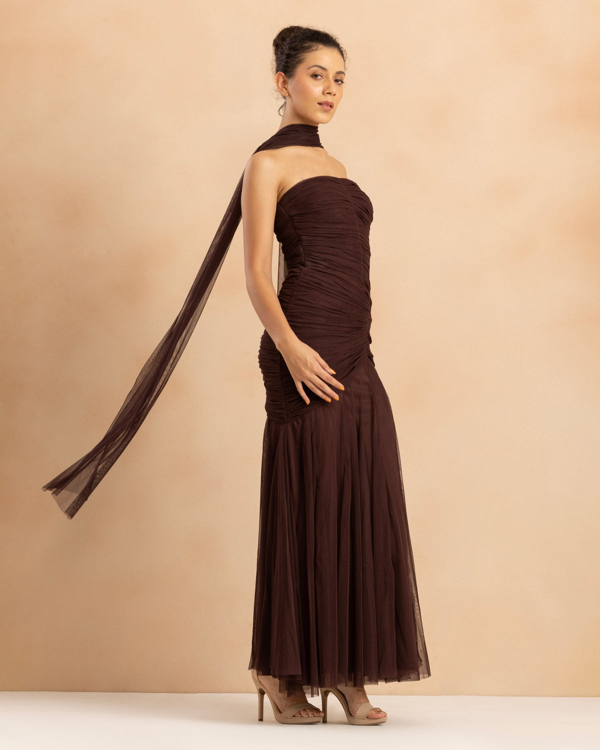 Kadie Strapless Tulle Maxi Dress in Chocolate Plum With Scarf