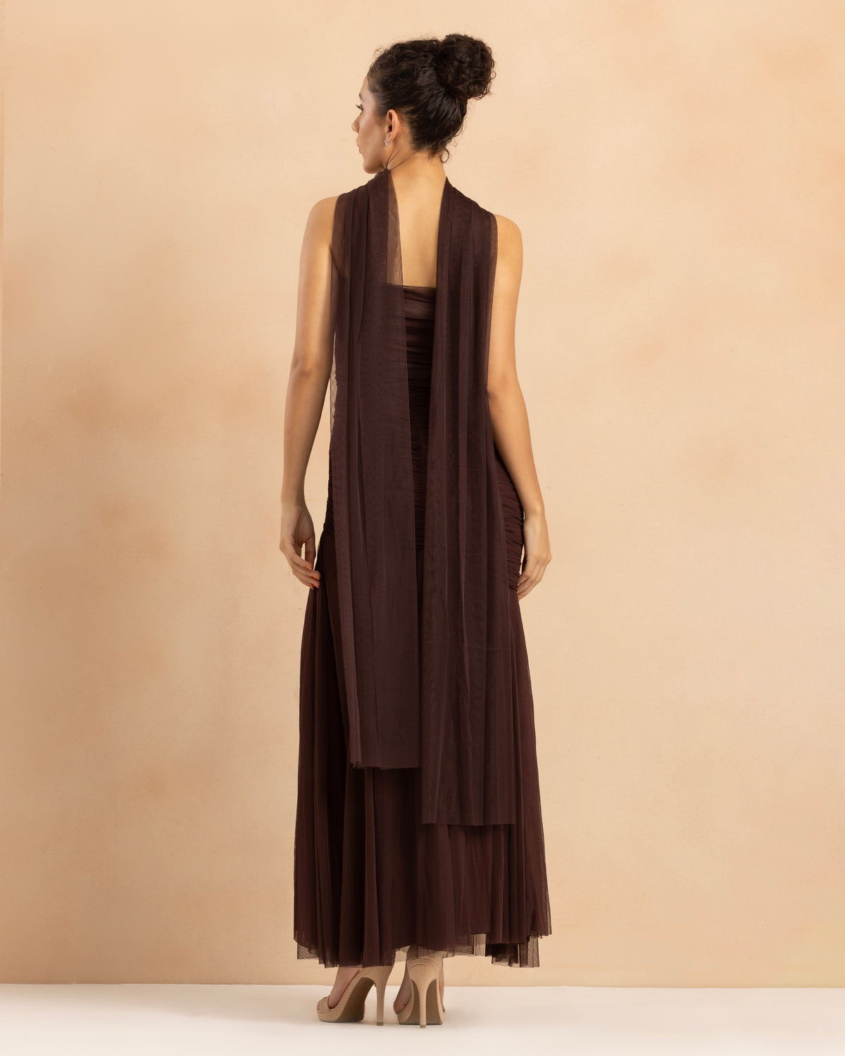 Kadie Strapless Tulle Maxi Dress in Chocolate Plum With Scarf