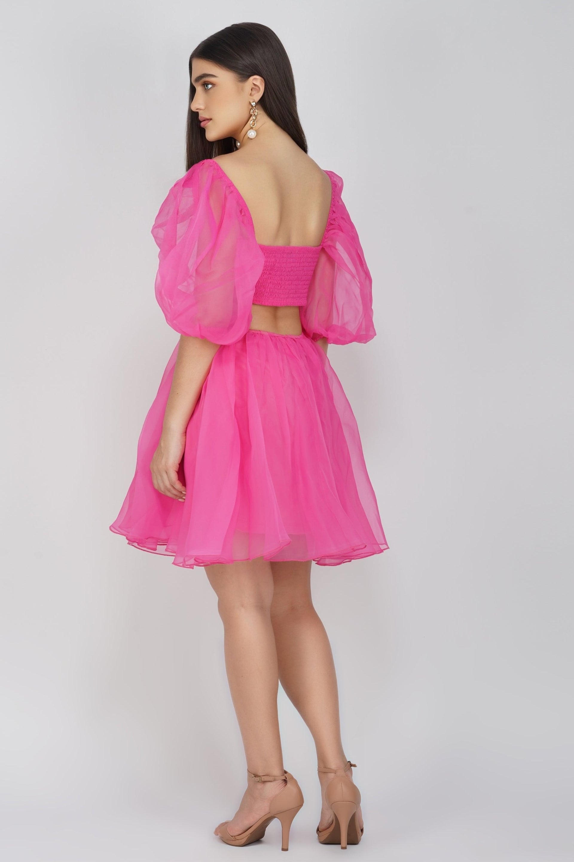 Katja Bright Pink Puff Sleeve Organza Dress