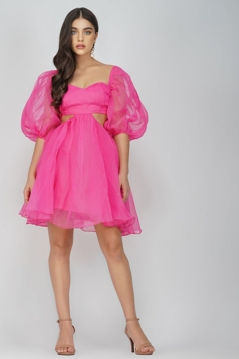 Katja Bright Pink Puff Sleeve Dress – Lace & Beads