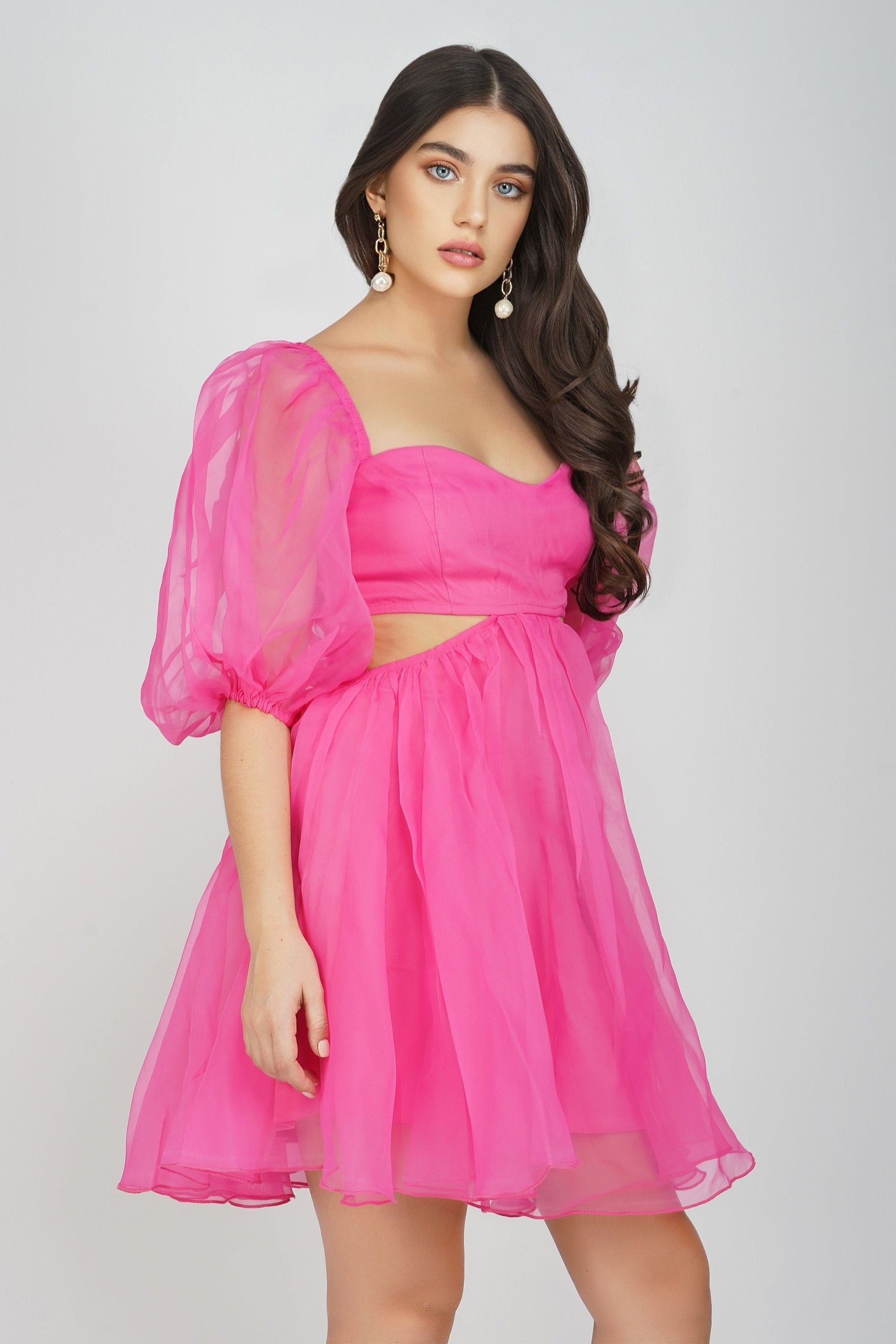 Katja Bright Pink Puff Sleeve Organza Dress