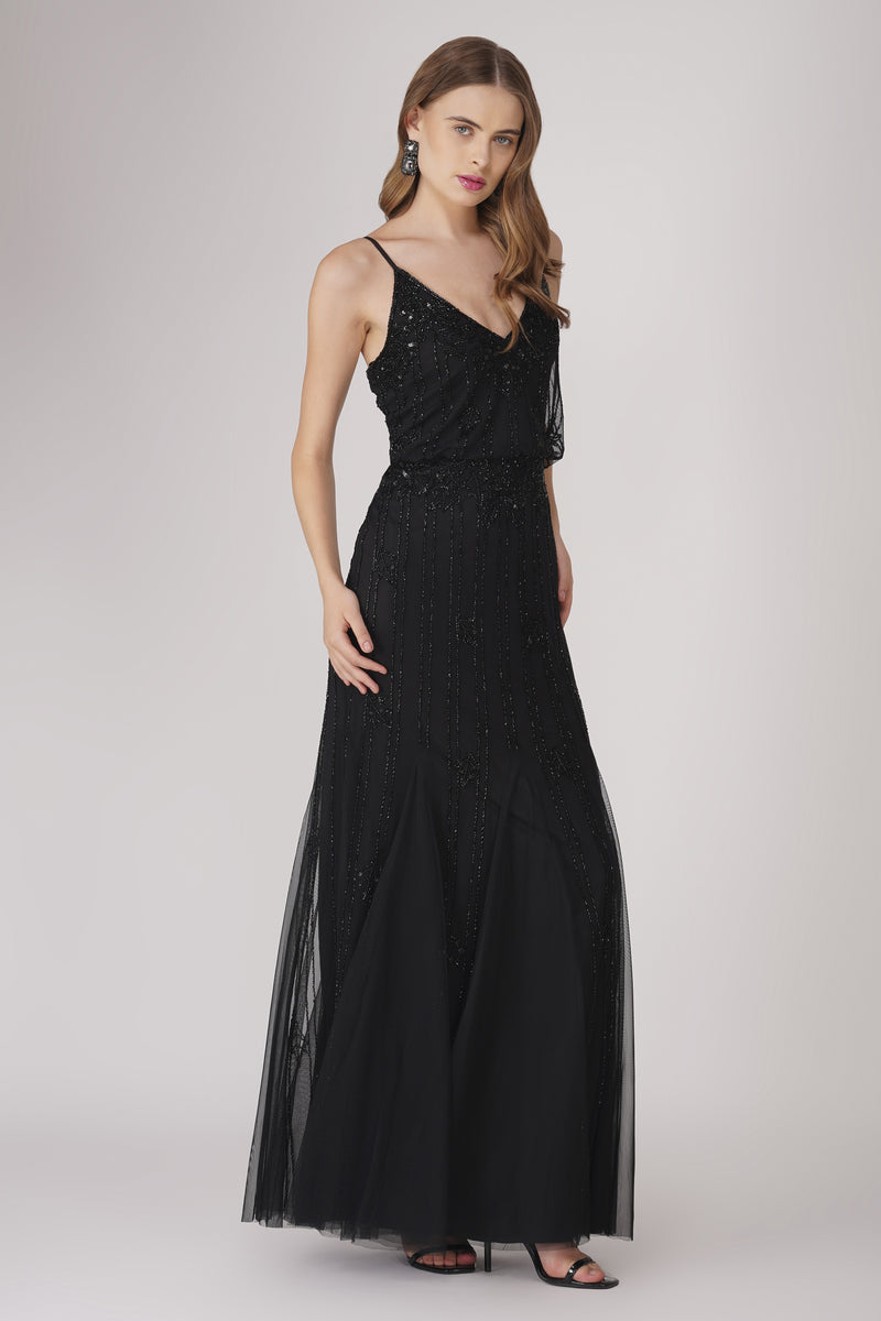 Keeva Black Beaded Maxi Dress Lace Beads
