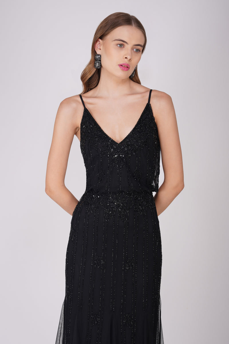 Keeva Black Beaded Maxi Dress Lace Beads