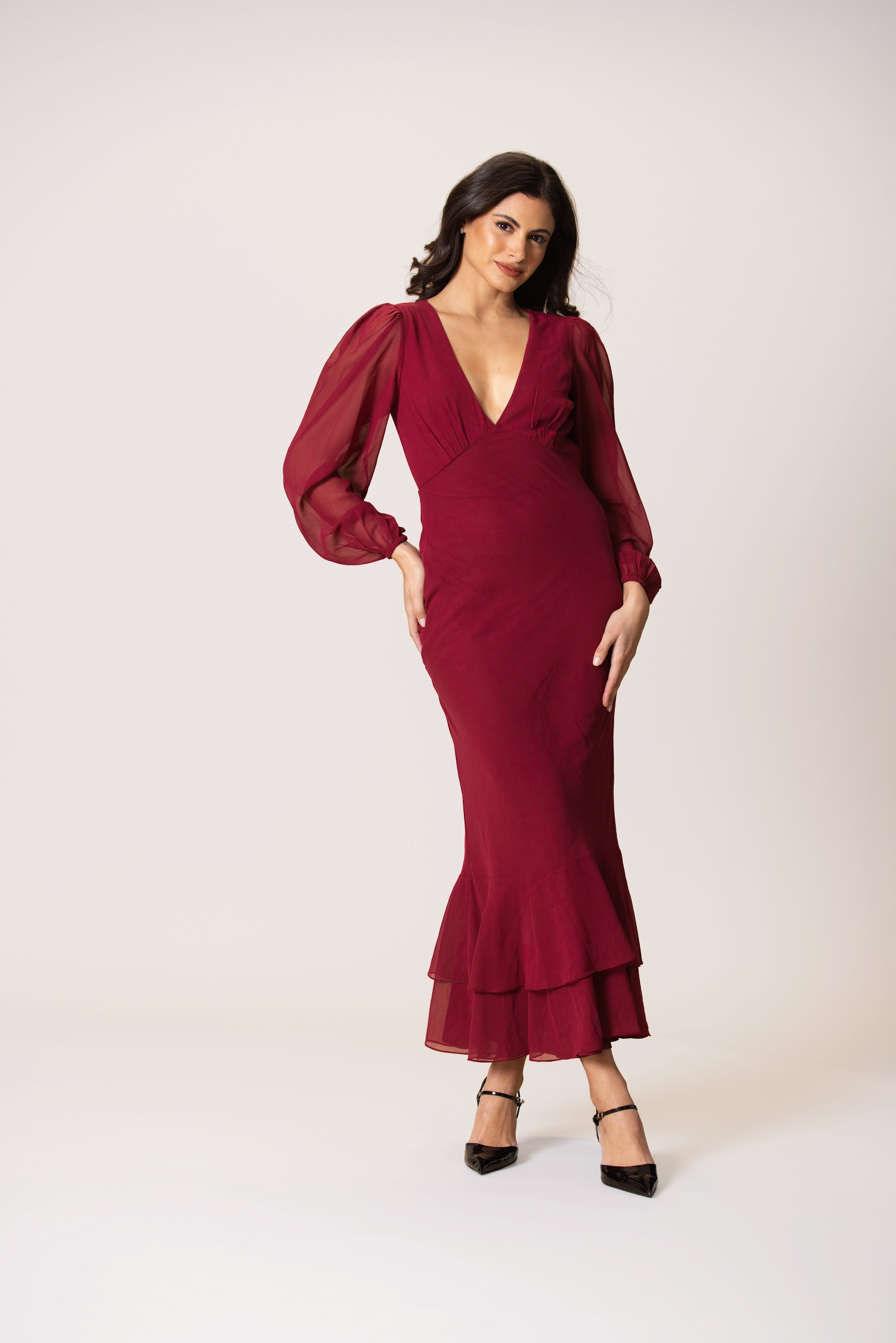 Keziah Chiffon Midaxi Dress in Raspberry