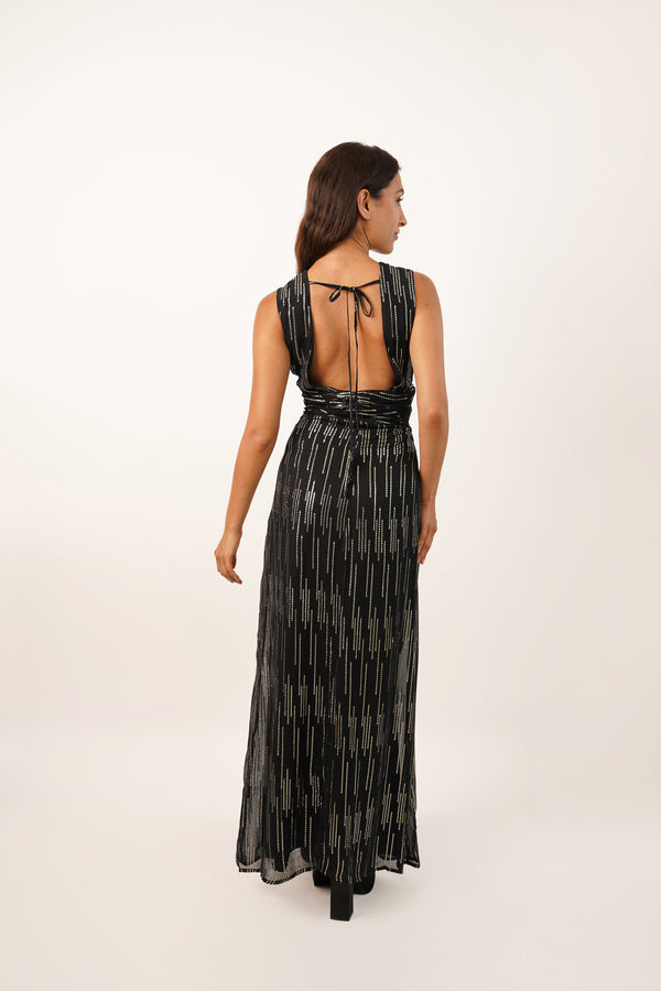 Norex Plunging Striped Dress with Tie Back