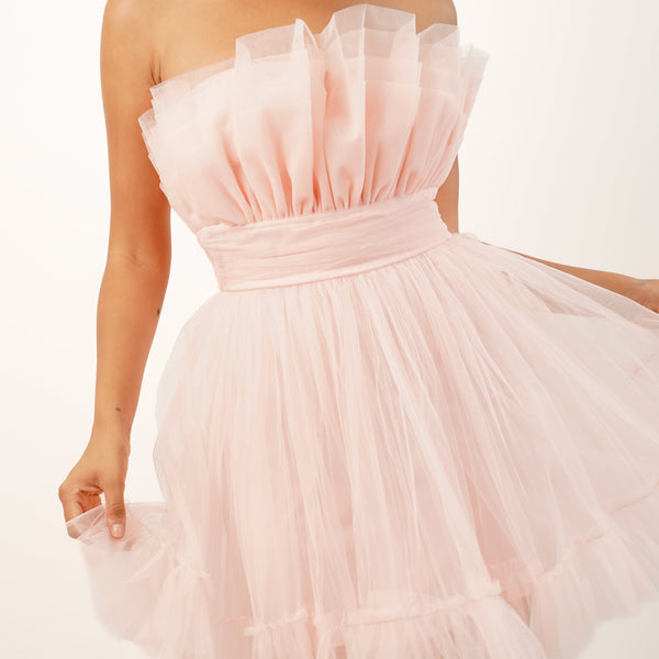 Nanita Tulle Mini Dress in Blush Pink Lace Beads