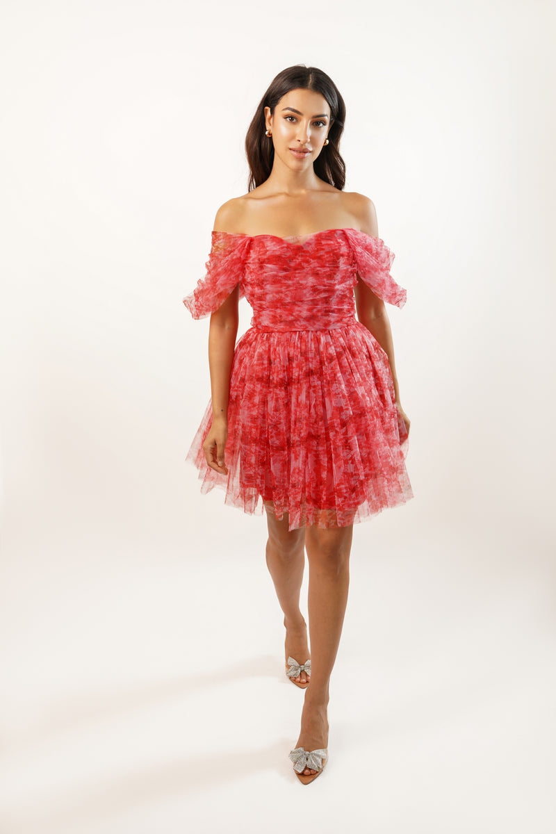 Sydney Red Printed Tulle Mini Dress