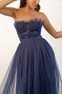 Nimo Dark Blue Tulle Midi Dress with Shell Cups