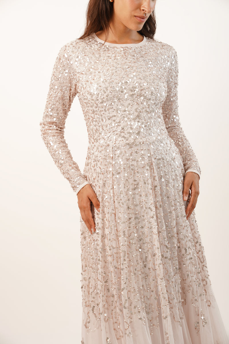 Sila Long Sleeve Embellished Maxi Dress in Powder Pink