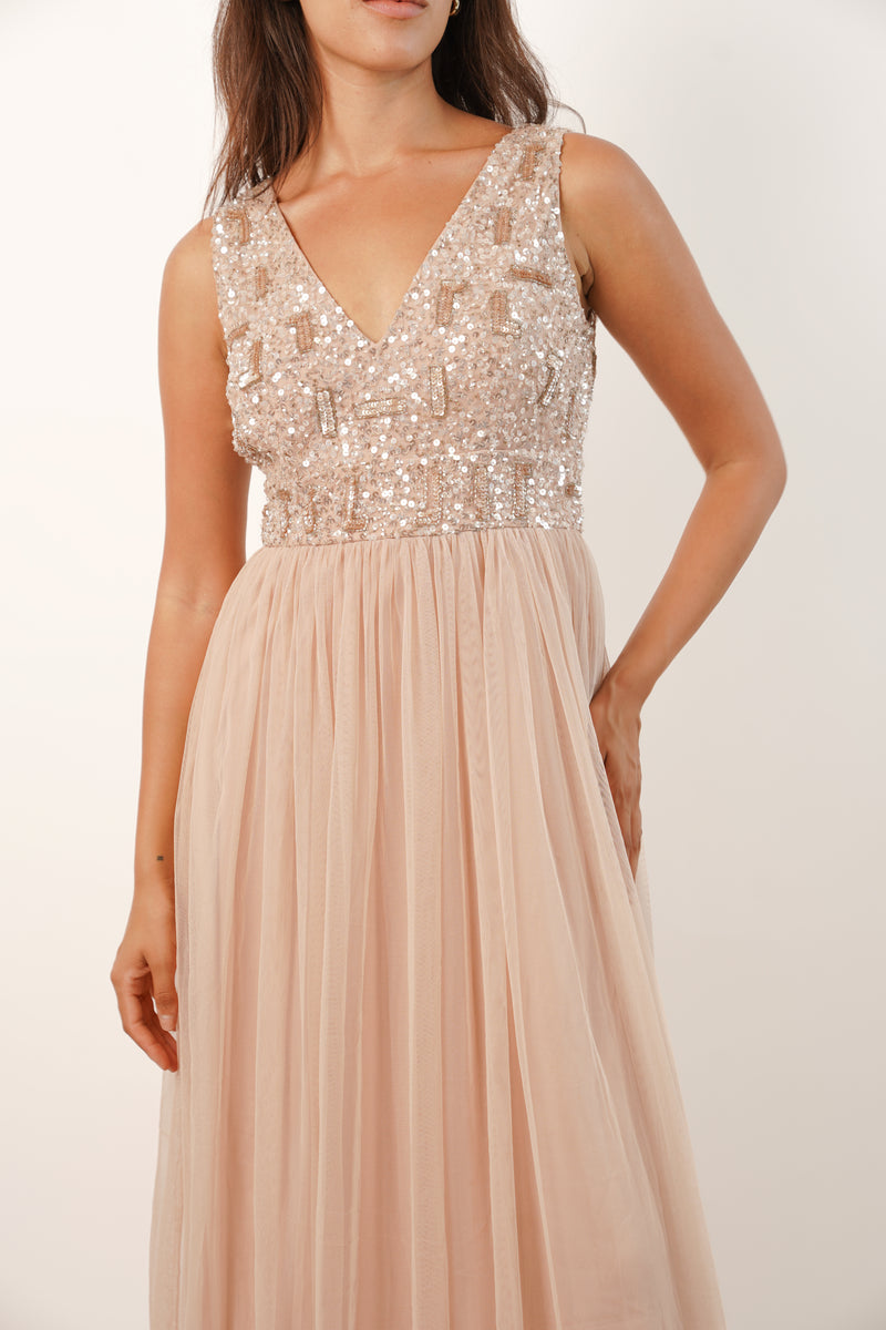 Nude embellished top maxi dress