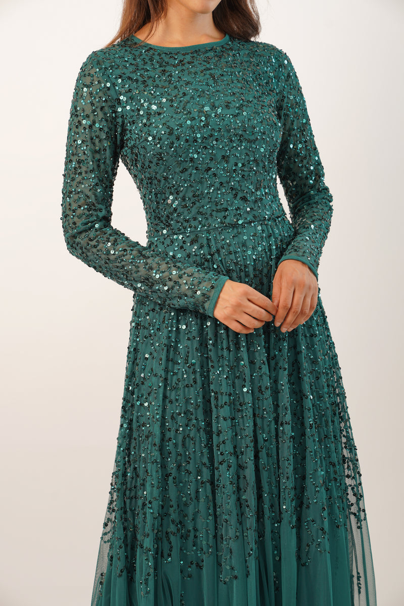 Emerald Green Long Sleeve Wavy Maxi Dress – Astore®