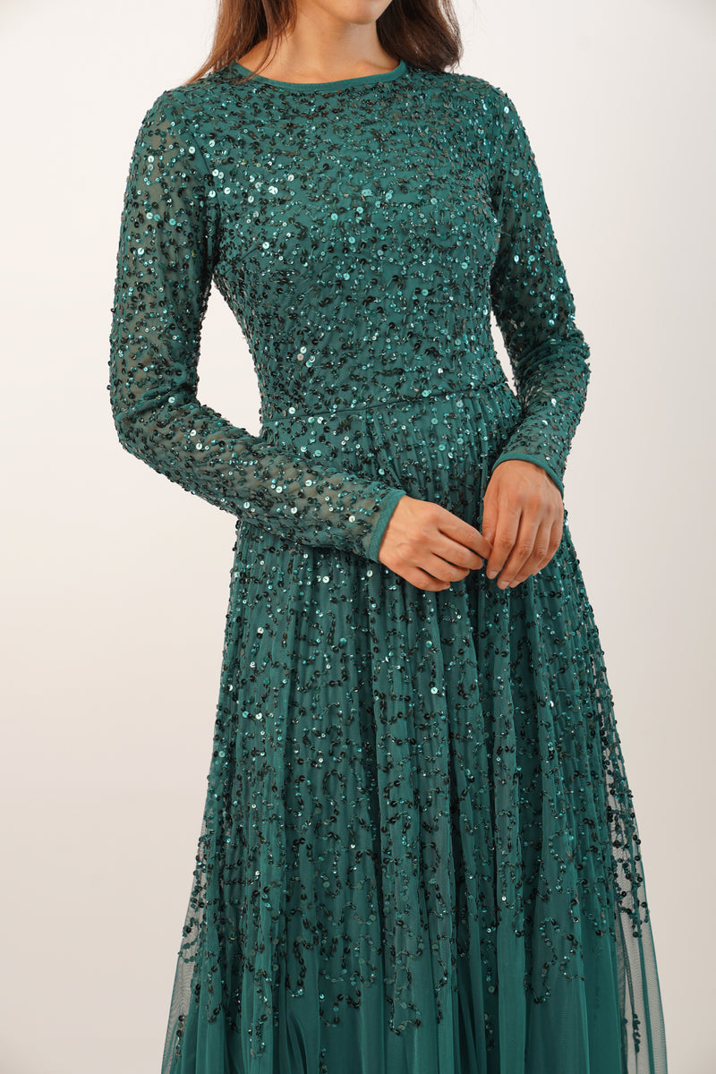 Sila Long Sleeve Embellished Maxi Dress in Emerald Green