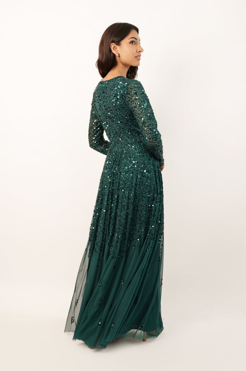 Sila Long Sleeve Embellished Maxi Dress in Emerald Green