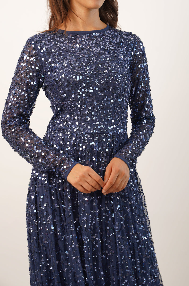 Sila Long Sleeve Embellished Maxi Dress in Dark Blue