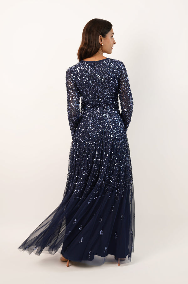 Sila Long Sleeve Embellished Maxi Dress in Dark Blue