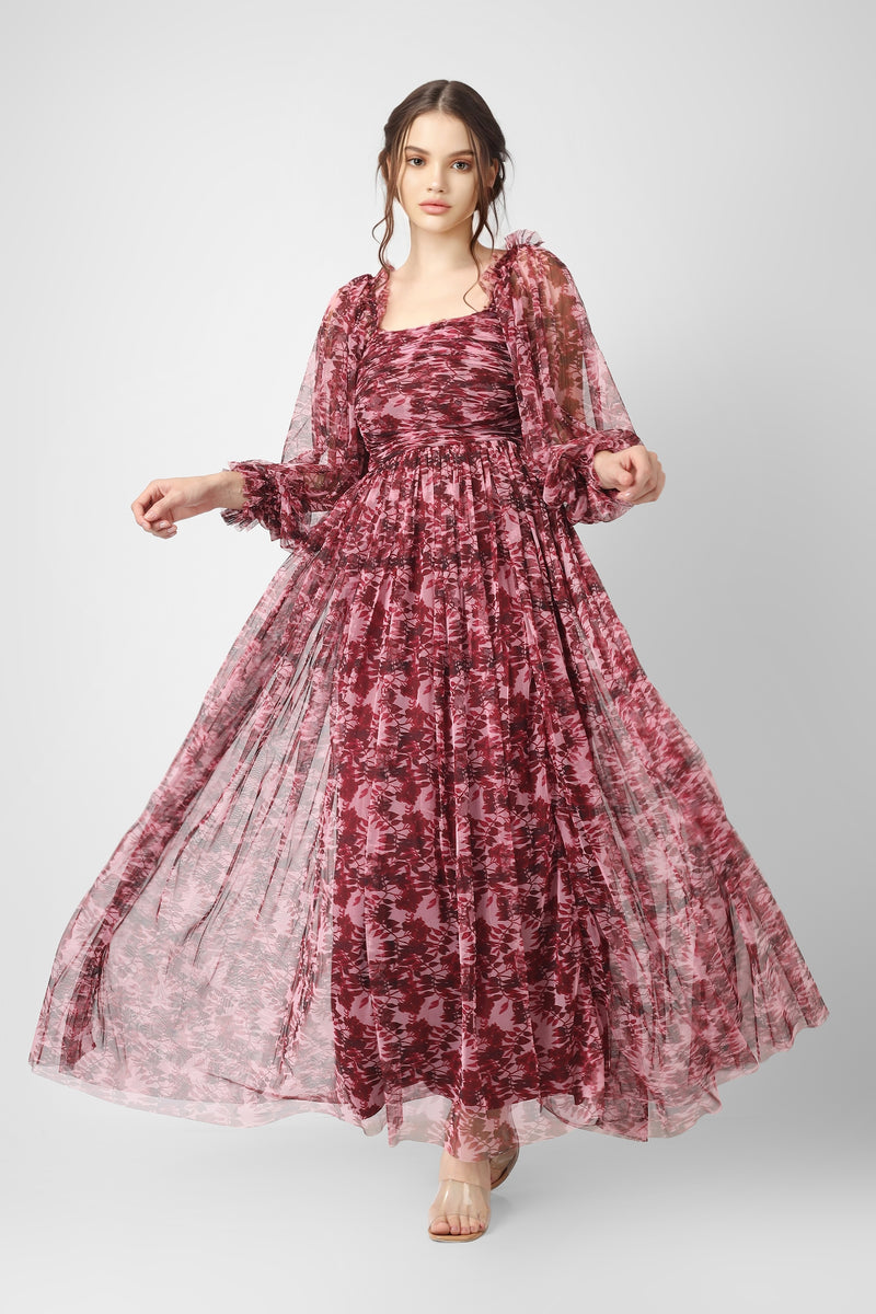 Lana Burgundy Printed Tulle Dress