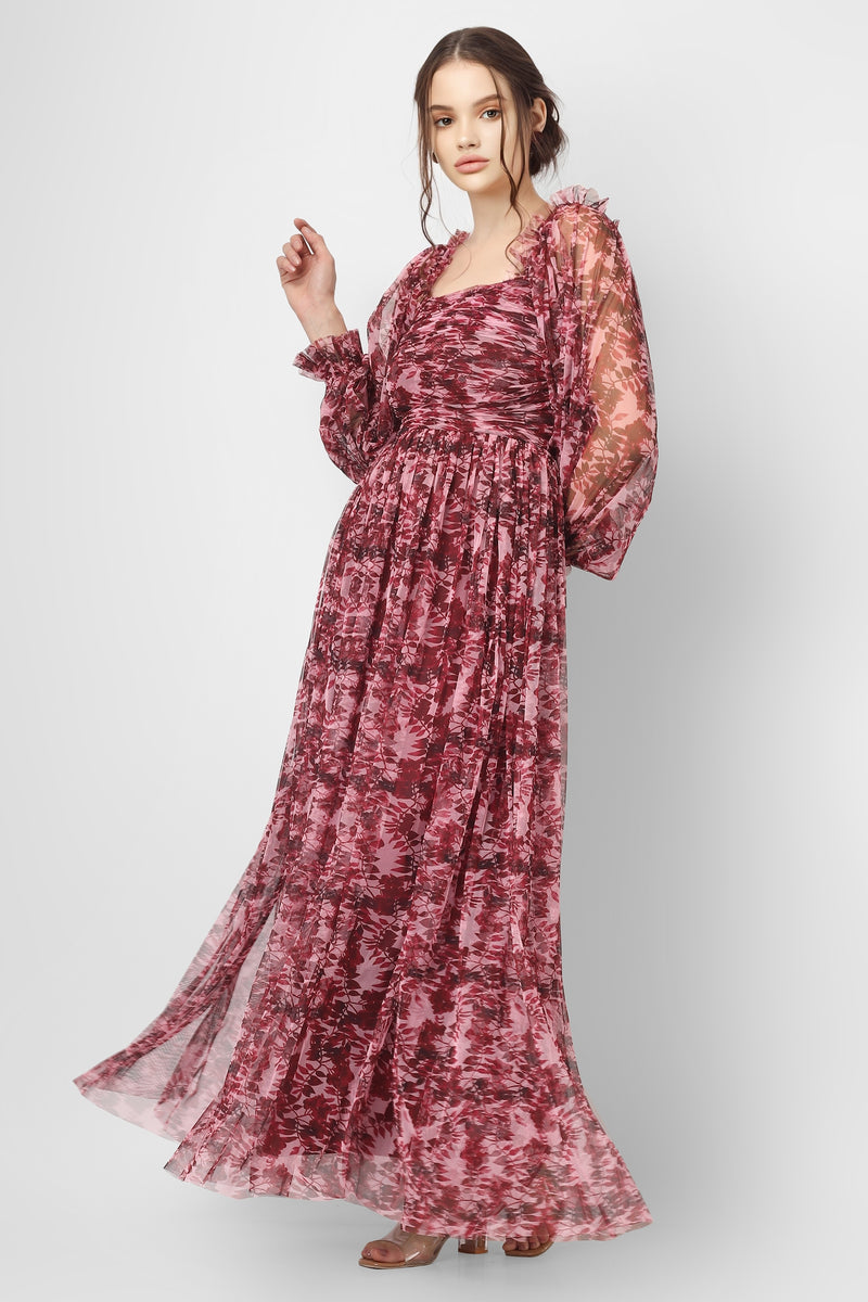 Lana Burgundy Printed Tulle Dress