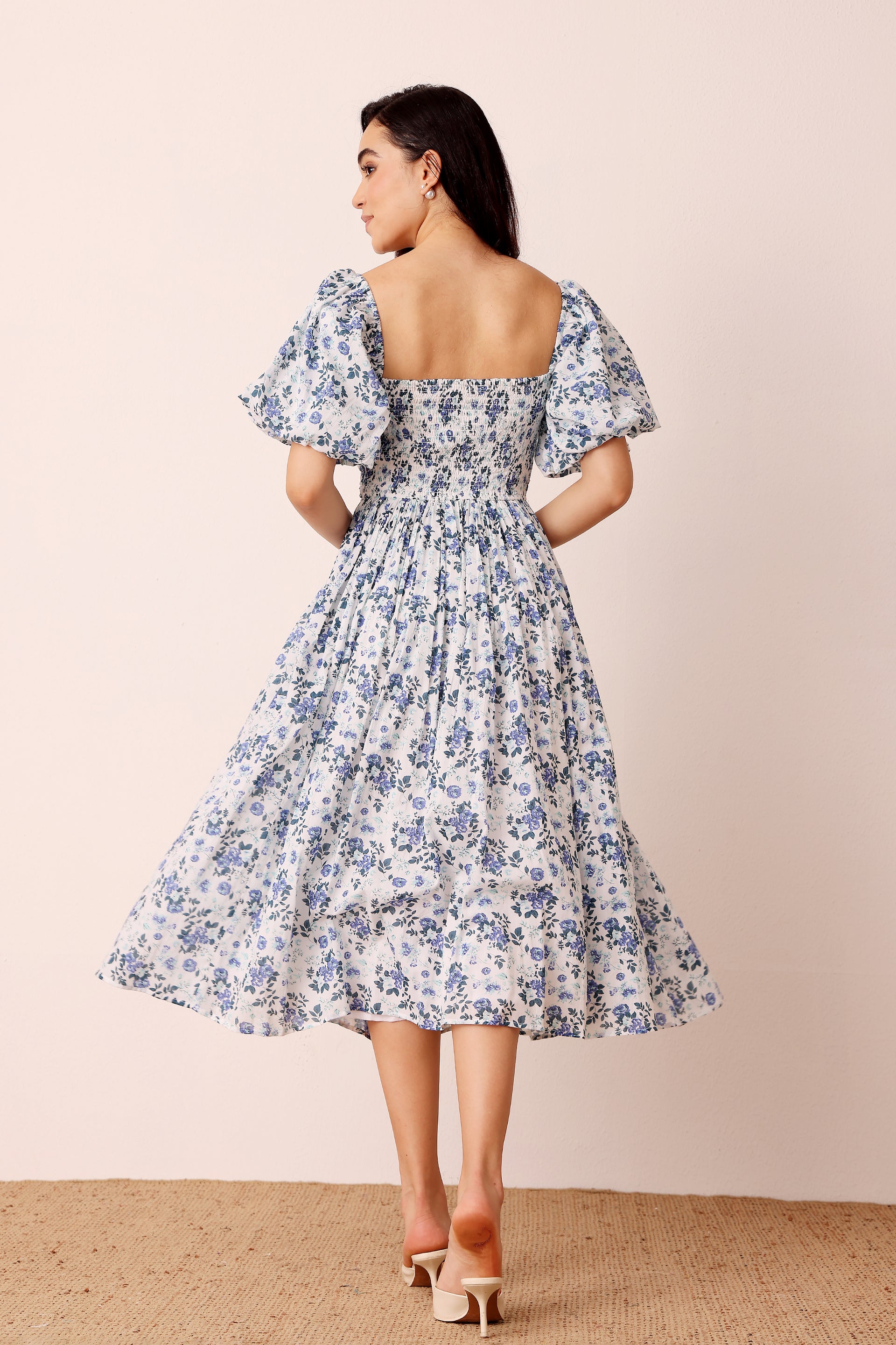 Lana Puff Sleeve Cotton Midi Dress in Blue White Floral