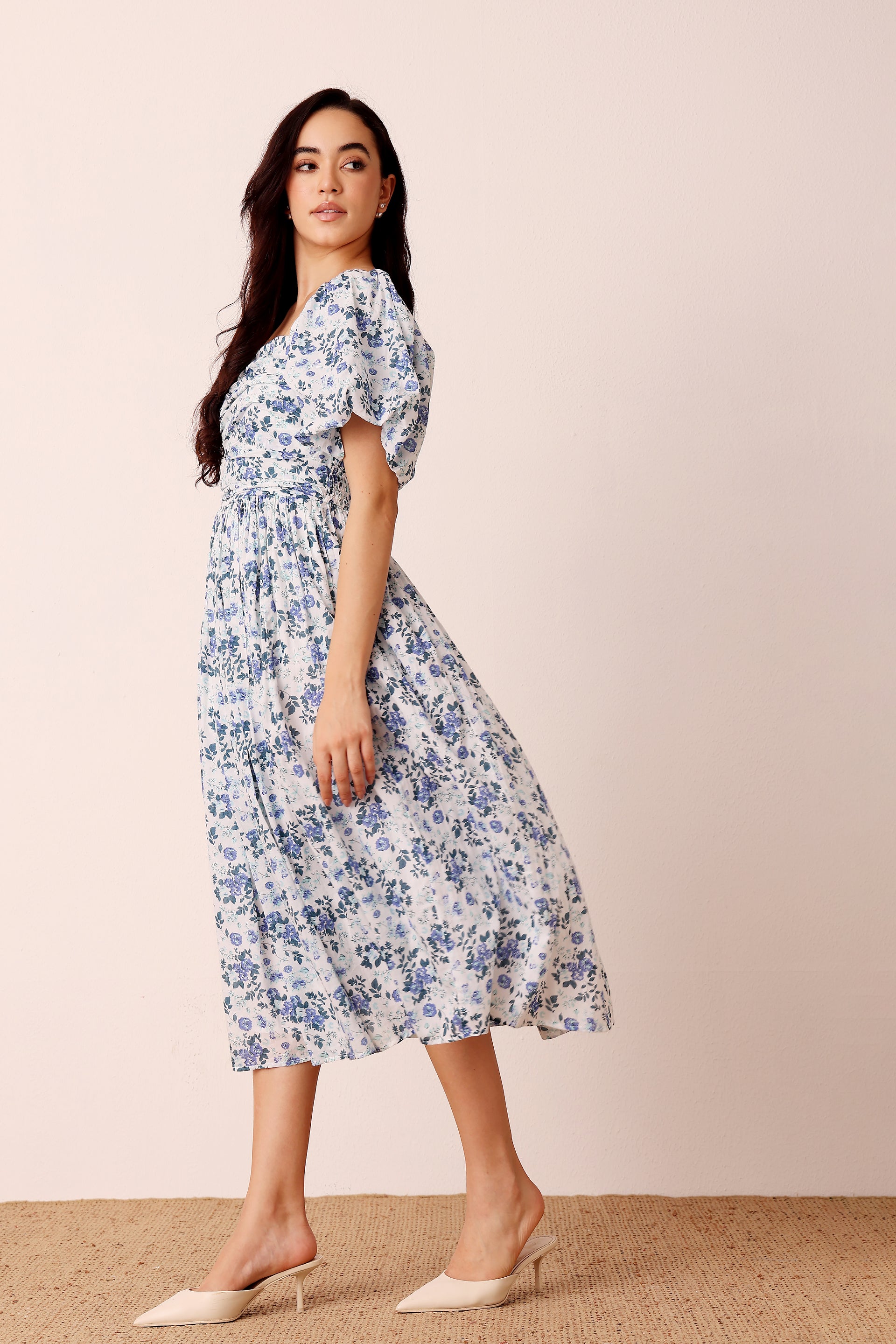 Lana Puff Sleeve Cotton Midi Dress in Blue White Floral