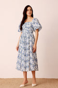 Cotton puff sleeve blue white midi dress floral sundress